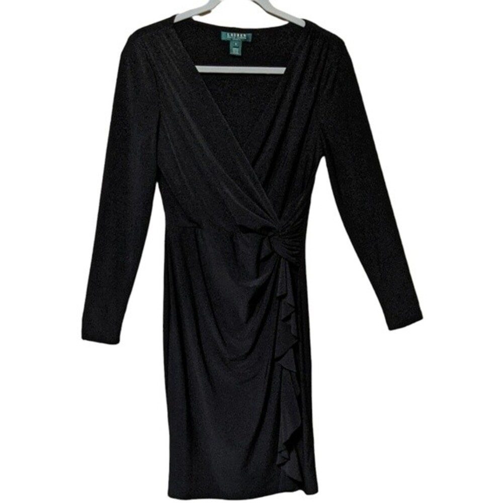 Lauren Ralph Lauren faux wrap black dress ruched, flattering size 6